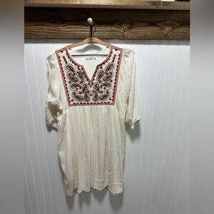 White Mark Ivory Tunic Dress Embroidered Paisley Design 2x Boho Comfort Flowy